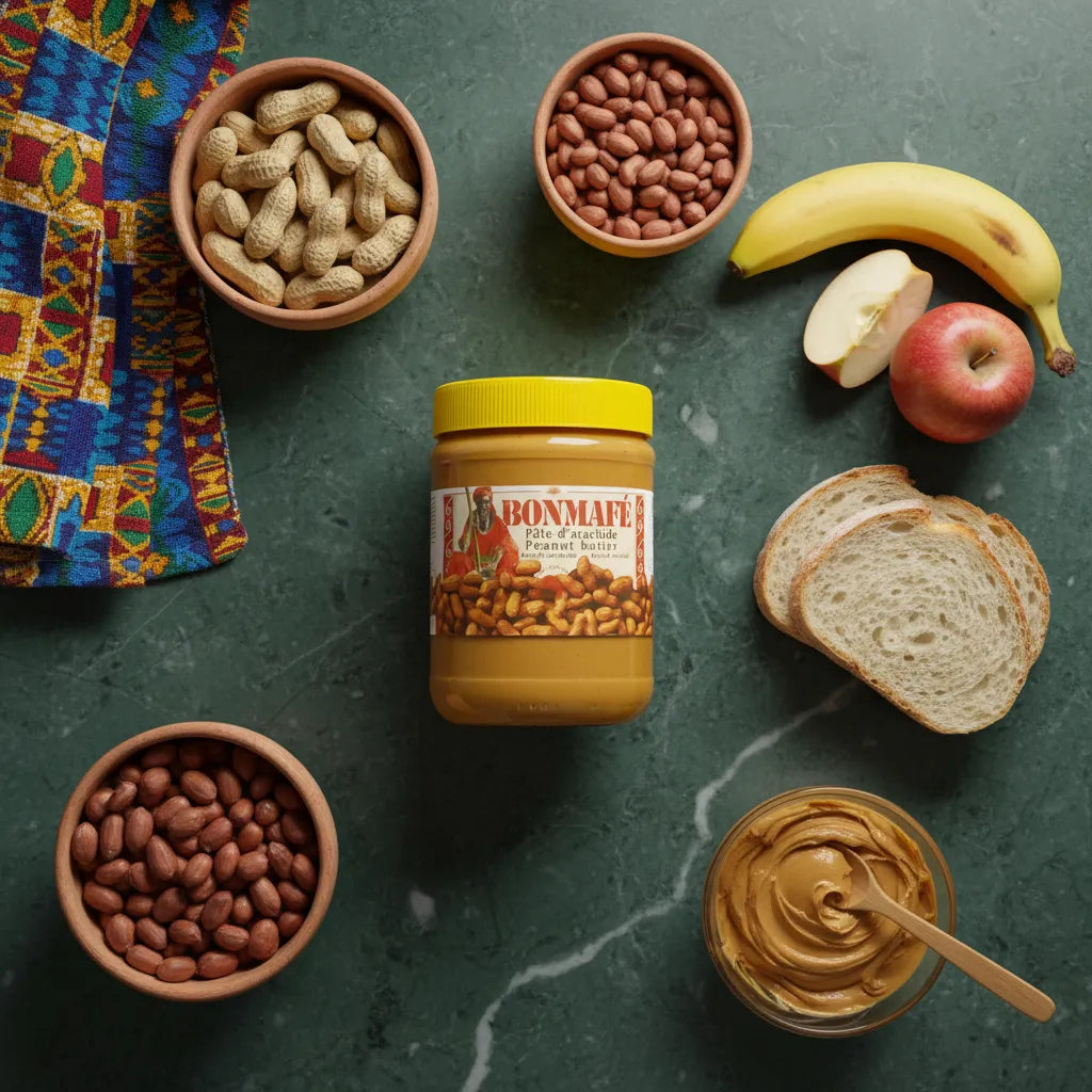 Pâte d'arachide BONMAFE entourée d'arachides, fruits et pain - Crème onctueuse pour tartines ou sauces, produit d'épicerie sucrée.